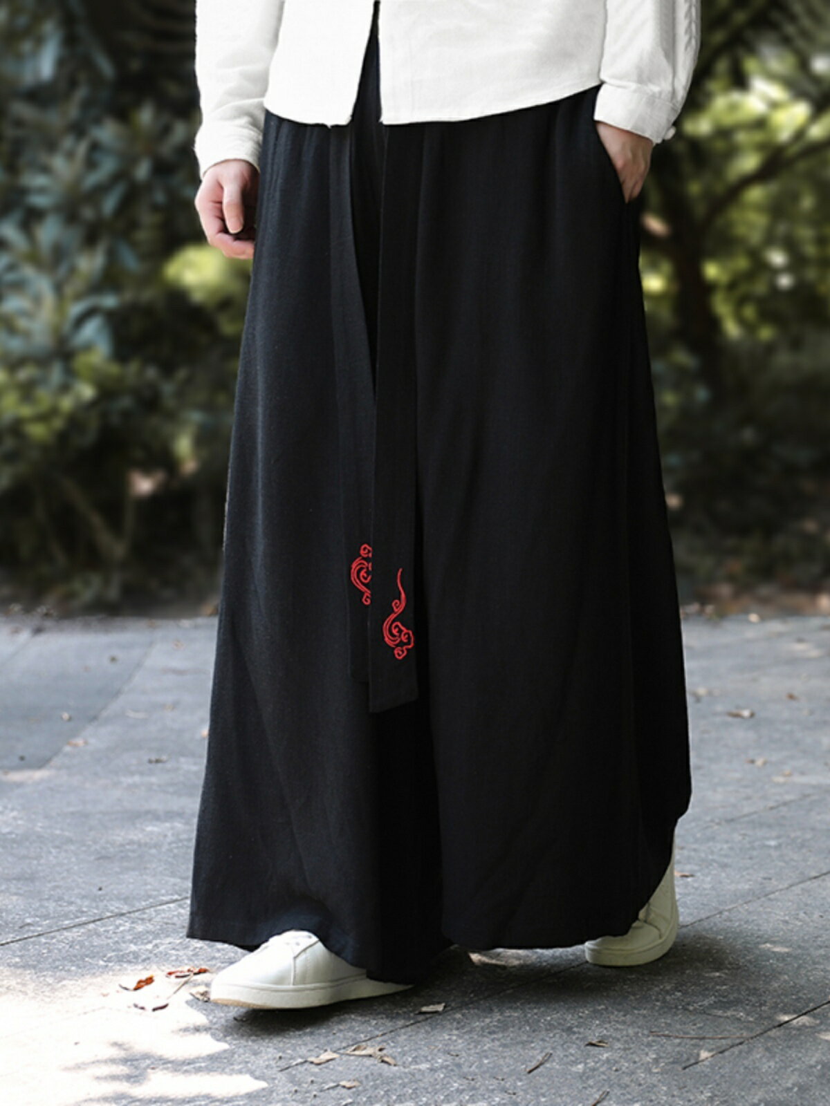 男士大尺碼民俗風寬褲闊腿褲 新中式男裝褲子中國風亞麻秋季闊腿褲改良版漢服裙褲棉麻唐裝直筒