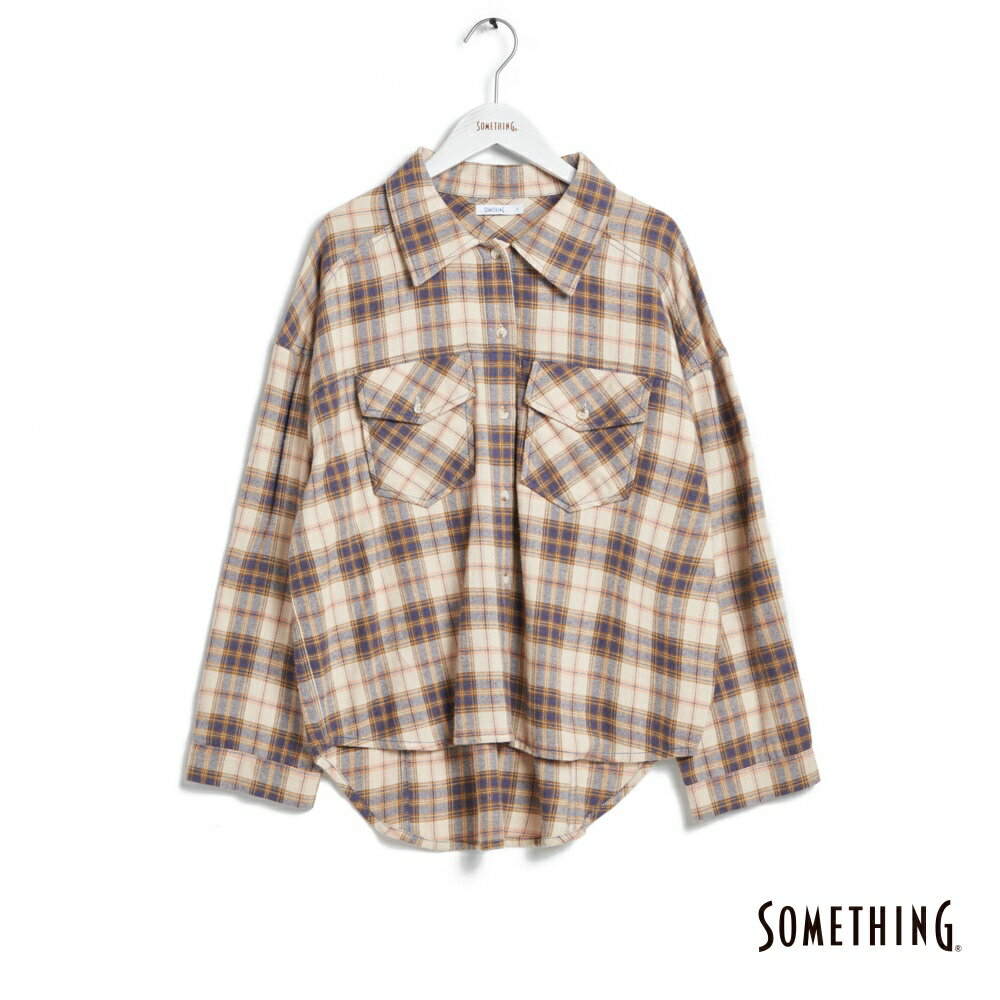 SOMETHING 格紋寬版長袖襯衫-女款 米白色