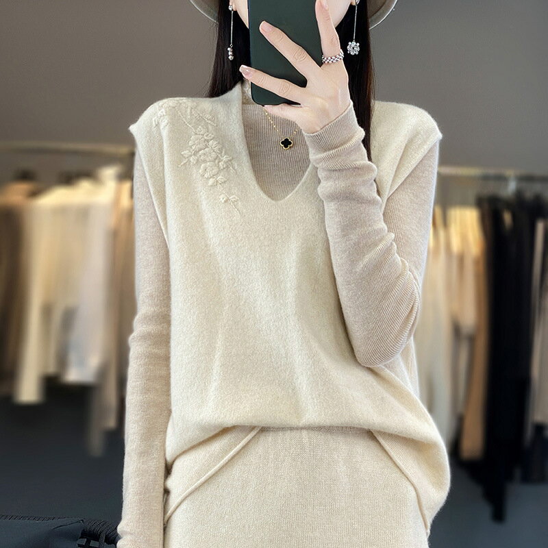 【巴黎精品】現貨+預購 羊毛背心無袖針織衫-保暖韓版V領繡花優雅女上衣5色a1if4