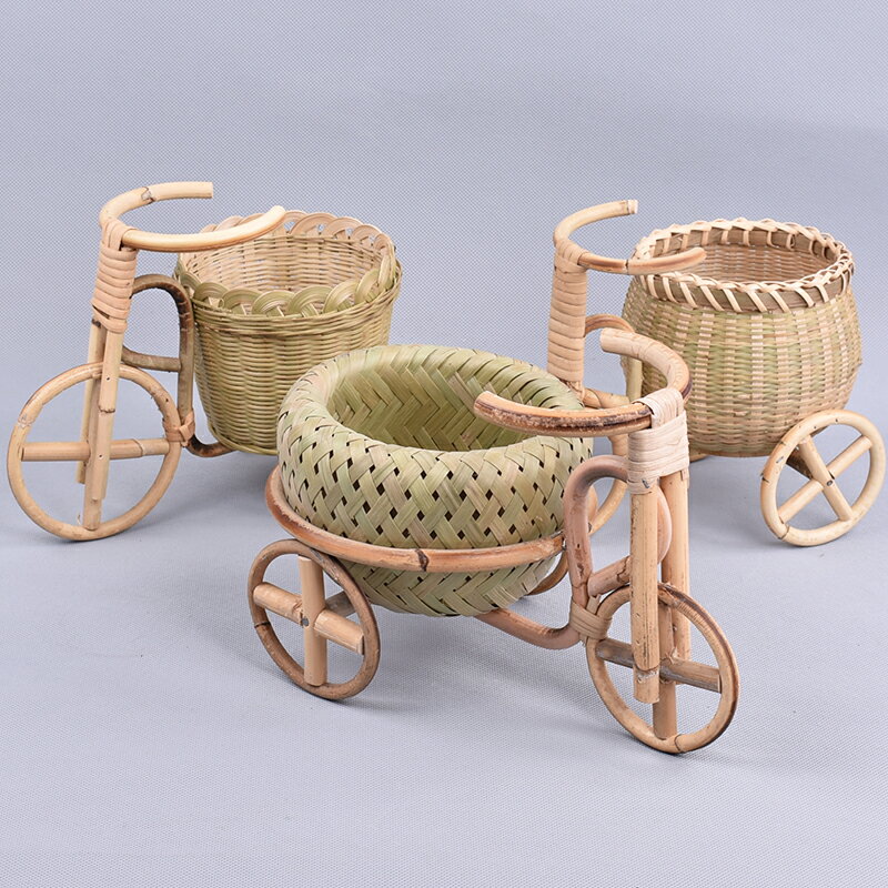 純手工竹編水果籃收納筐三輪車創意家居小擺件干果籃茶點籃果盤
