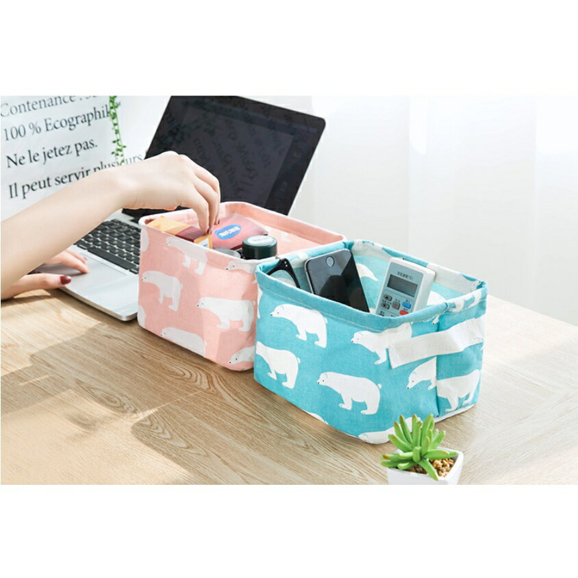 【漫格子】簡約桌面化妝抽屜式收納盒 摺疊棉麻手提收納籃 多功能收納盒 桌面收納盒 1