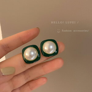 綠色復古幾何珍珠耳釘法式高級感小眾設計耳環簡約氣質大氣耳飾女