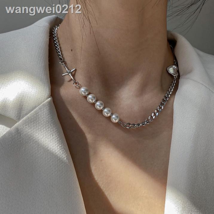●❇ 輕奢小眾反光珍珠拼接項鍊女嘻哈ins潮鎖骨鏈頸鍊歐美鏈子配飾男【滿199發貨】