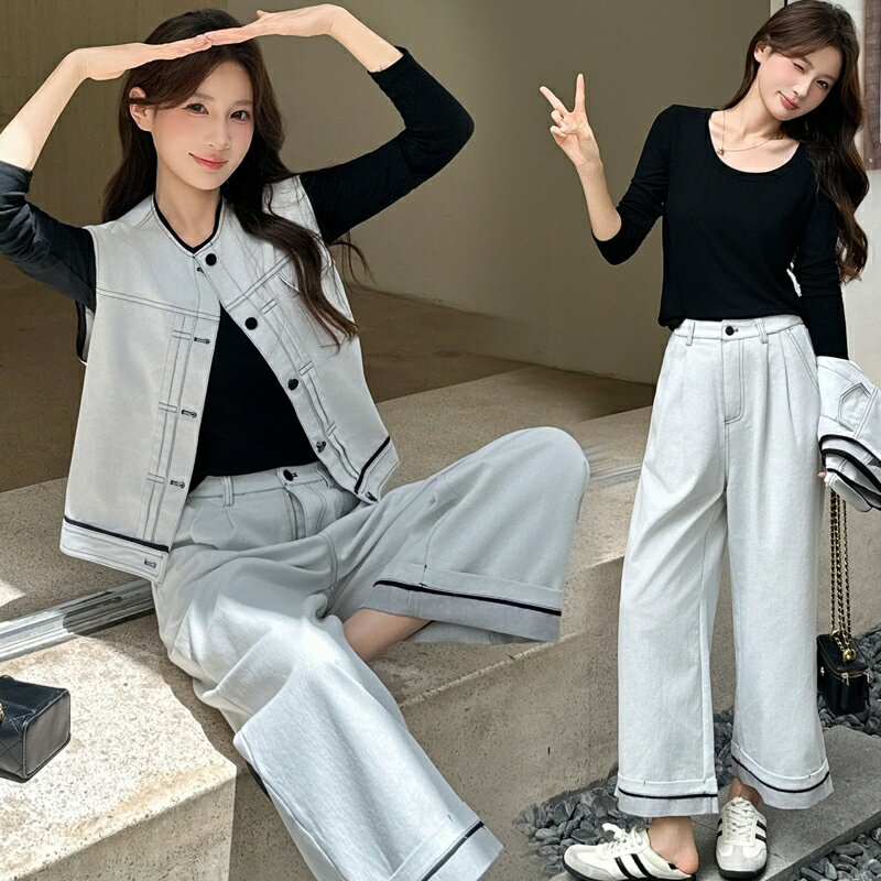【巴黎精品】現貨+預購 韓風牛仔套裝牛仔外套牛仔褲丹寧夾克襯衫休閒女裝-寬版馬甲牛仔兩件套a1ln34