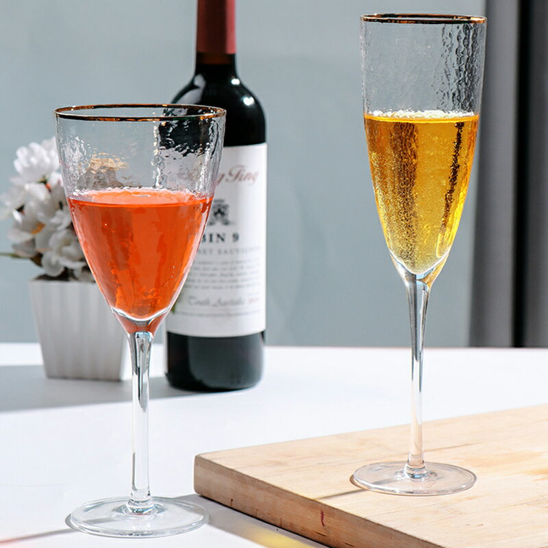 金邊錘紋玻璃紅酒杯家用套裝奢華高腳杯一對情侶勃艮第葡萄酒杯子