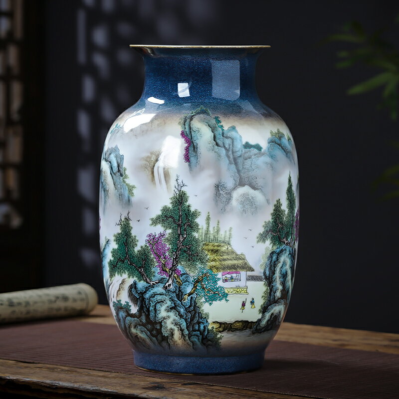 景德鎮陶瓷器粉彩山水畫花瓶冬瓜瓶中式家居客廳插花裝飾擺件飾品