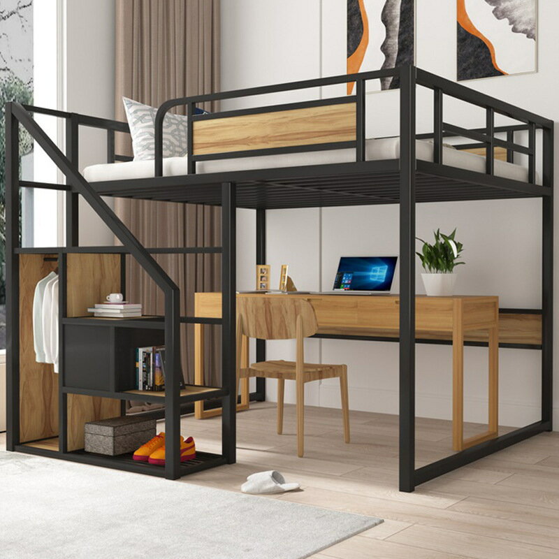 簡約單身公寓高架床 家用臥室雙人帶書桌省空間鐵架床 閣樓吊床