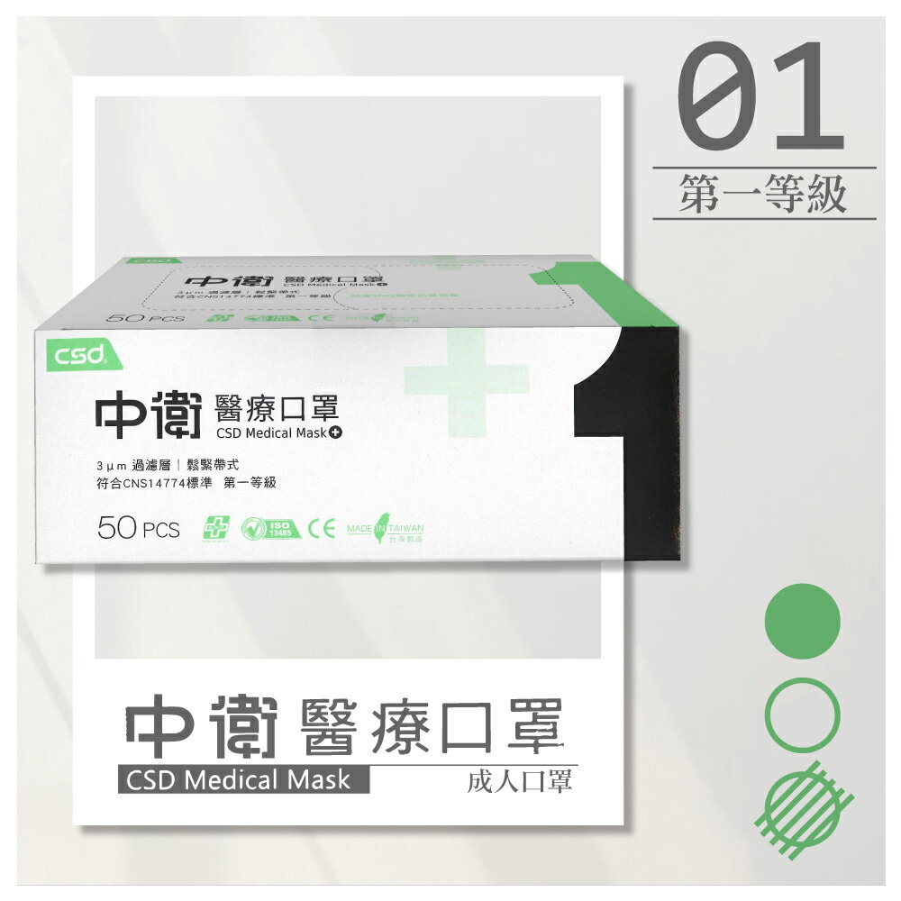 中衛 CSD 雙鋼印 第一等級醫療防護口罩 成人醫療口罩 任選 (粉紅/天空藍/綠色/黃色) 50入/盒 (台灣製 中衛一級口罩) 專品藥局 3