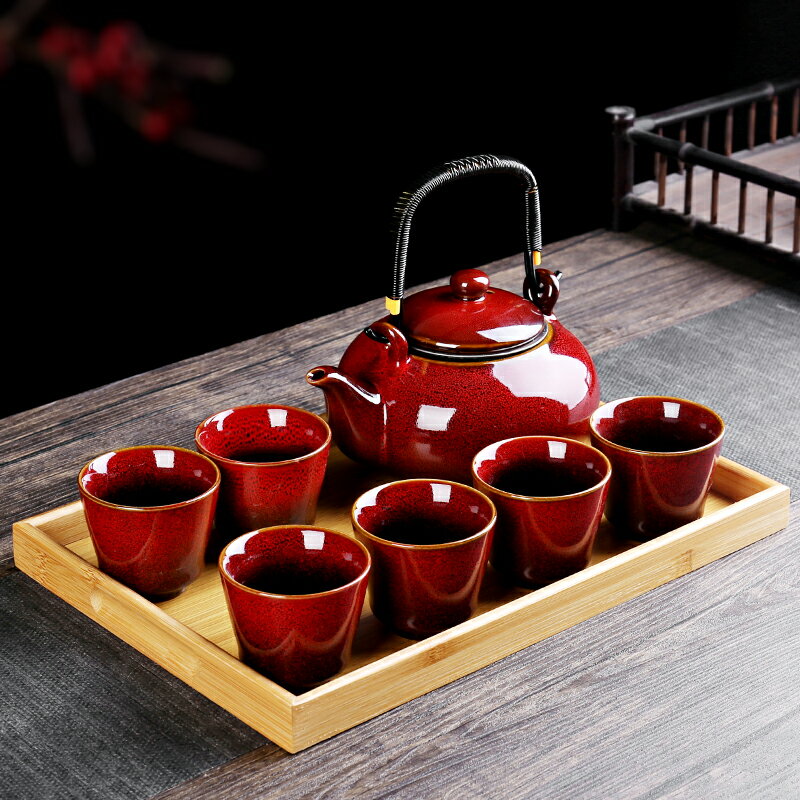 【送禮優選】復古陶瓷大容量提梁泡茶壺功夫茶杯具套裝家用餐廳耐高溫水具托盤