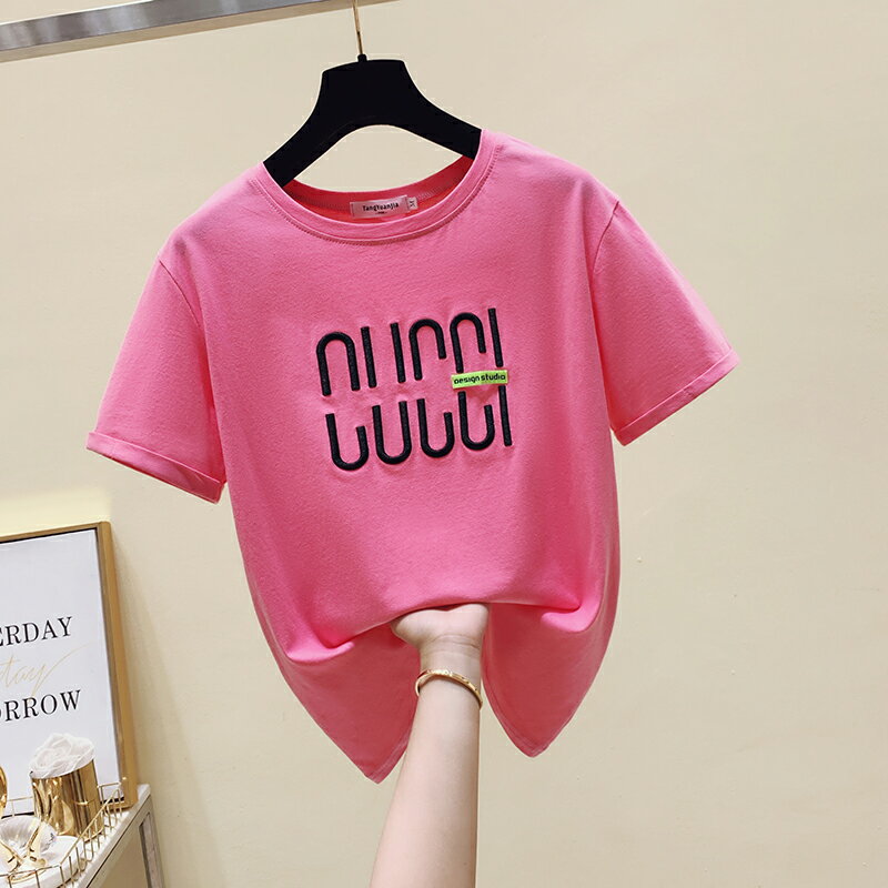 品牌折扣女裝專櫃撤櫃尾貨清倉洋氣短袖字母刺繡粉色T恤上衣女夏