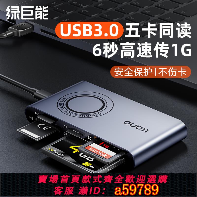 【臺灣公司 可打統編】綠巨能usb3.0讀卡器多功能五合一高速SD卡TF手機電腦兩用轉換器otg記憶體大小卡CF佳能相機MS通用M2多合一萬能