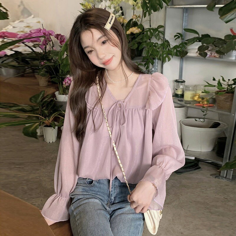 FUXI 韓版雪紡襯衫女 長袖襯衫 溫柔風長袖上衣 寬鬆百搭顯瘦法式上衣 荷葉邊燈籠袖襯衫 襯衣 女裝 衣服