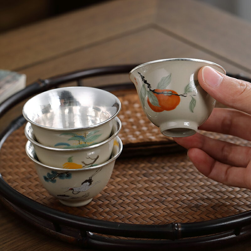 純銀主人杯茶碗草木灰陶瓷包銀杯品茗杯單杯茶盞功夫茶具大茶杯| 協貿