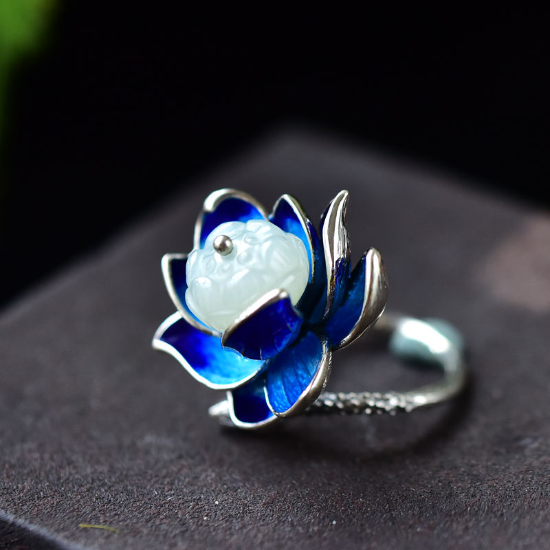 【墜享】S925純銀戒指古典燒藍工藝天然和田白玉蓮花蓮蓬開口指環