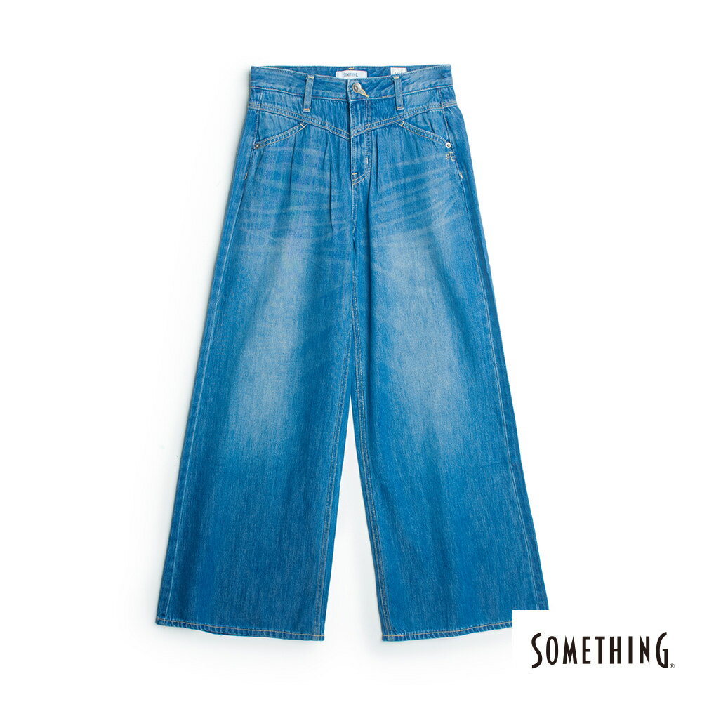 SOMETHING 女款 激腰束腹丹寧寬褲 (石洗藍)