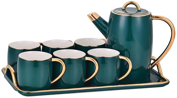 【折300+10%回饋】【日本代購】8片陶瓷茶具套裝 復古綠陶瓷咖啡套裝 茶套裝