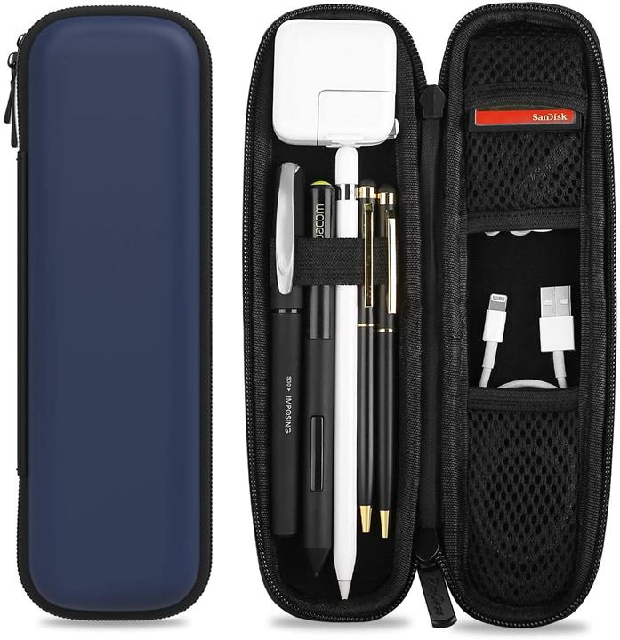 【日本代購】ProCase Apple Pencil 保護殼支架PU革手機殼硬質EVA 保護套帶網眼口袋和彈性肩帶 藏青色