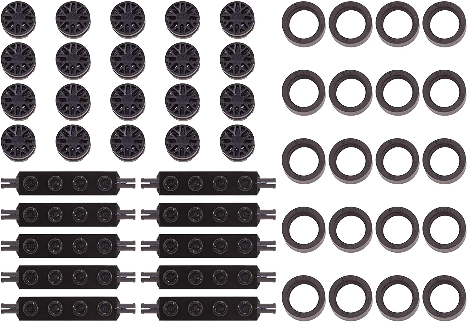 LEGO Parts and Pieces: 14x6mm Black Tire, Black Wheel, 1x4 Black Wheels Holder Pack - 50 Pieces