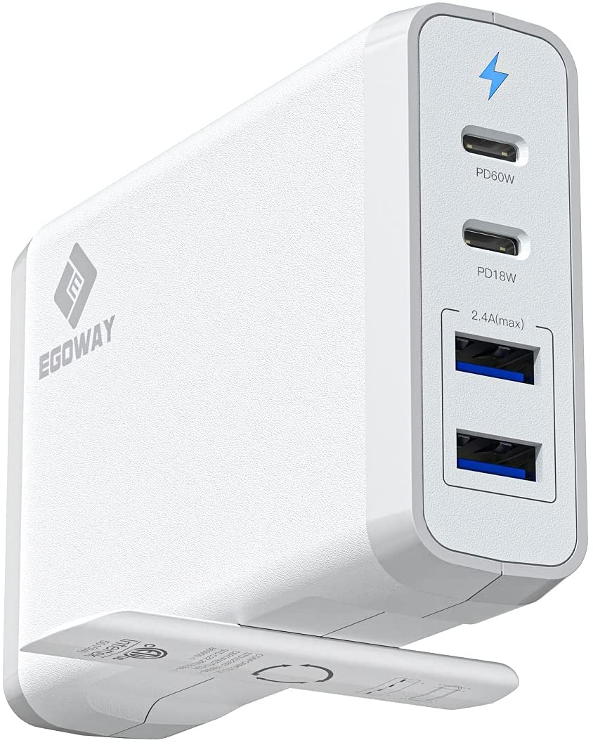 【美國代購】EGOWAY 4 端口充電器 60W和18W USB C P 供電適配器和雙 USB A 端口 12W