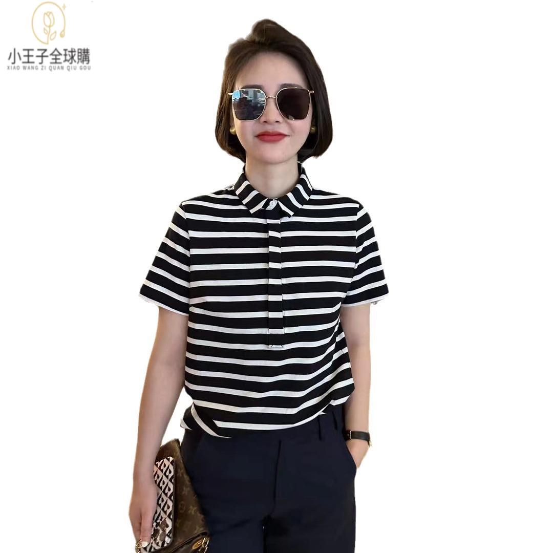 【公司現貨速發】免運 開發票 小王子女裝夏季新品條紋短袖半袖時尚方領簡約休閑條紋polo衫女裝上衣 流行女裝 棉麻 早秋 日韓女裝