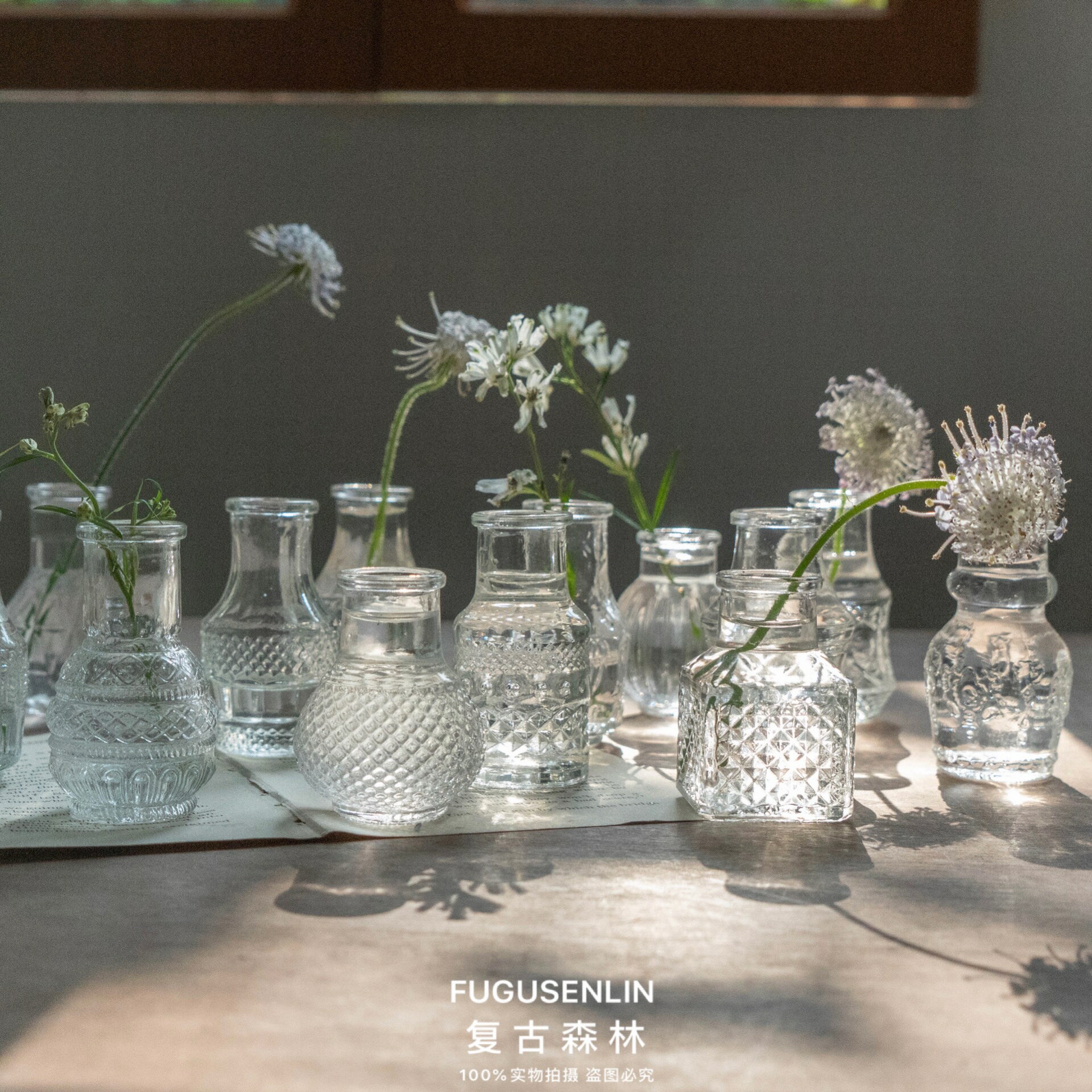 復古森林法式浮雕超迷你小口徑透明玻璃花瓶干鮮花水培瓶拍攝道具