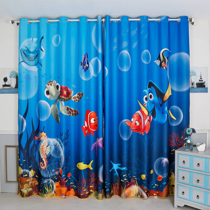 藍色海底世界海洋總動員瑪林小丑魚兒童房臥室飄窗落地窗卡通窗簾