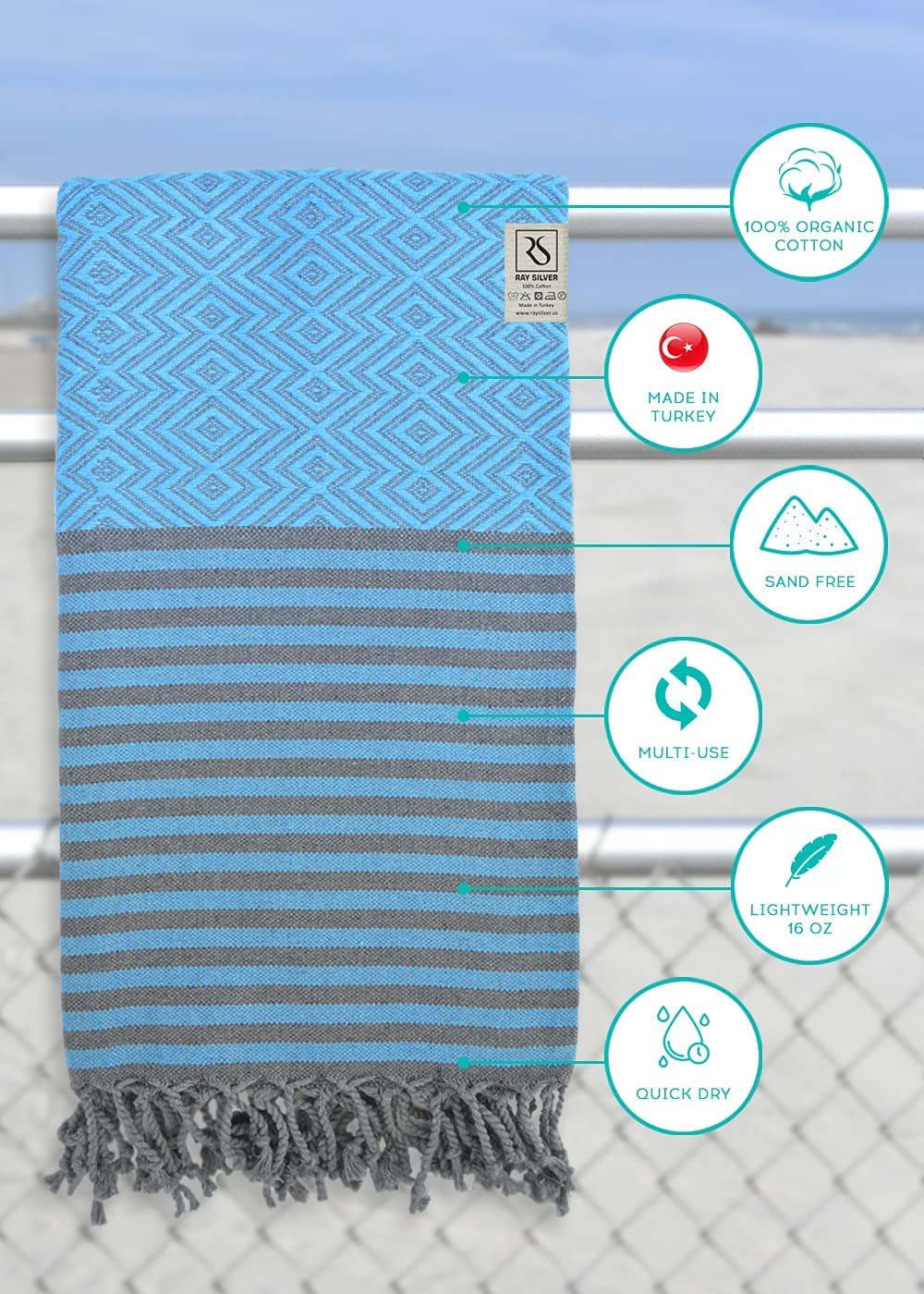 【美國代購】Ray Silver 優質土耳其海灘毛巾 (101.6 x 180.3 公分) 100% 有機棉 土耳其浴巾 快乾 輕量 旅行 SPA 泳池 浴室 海灘(藍色/灰色)