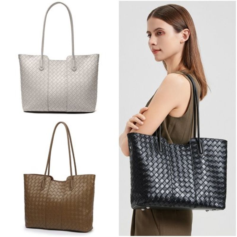 【米蘭精品】現貨+預購 真牛皮側背包手提包真皮革斜背包單肩包托特包隨身包-編織托特包女包包4色74mk87