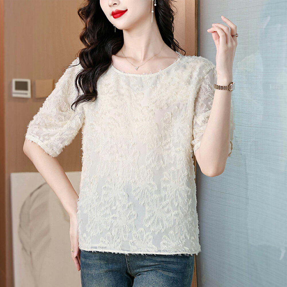 ＊ORead＊圓領緹花短袖雪紡衫上衣(2色M~3XL)