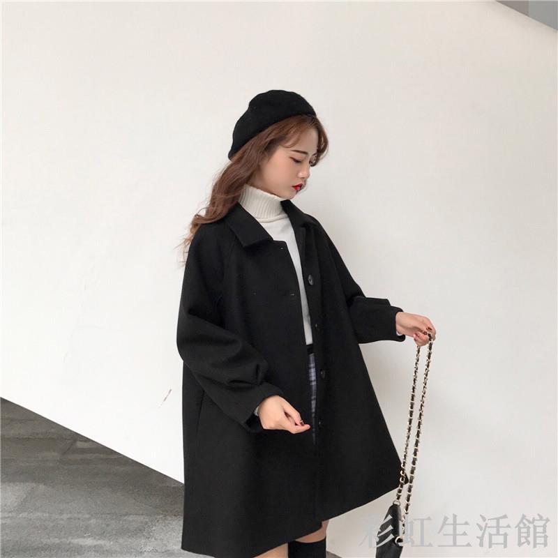 新款秋冬季毛呢襯衫外套女學生中長款韓版寬松小個子百搭呢子大衣
