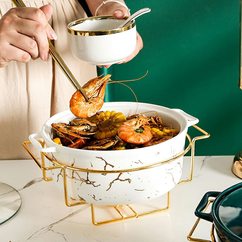 北歐雙耳陶瓷鍋輕奢酒店餐具湯鍋可加熱帶燭托家用干鍋碗創意鍋架