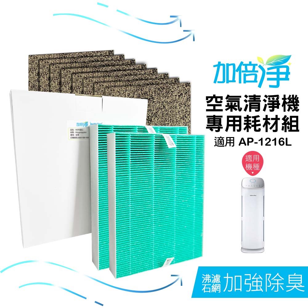 加倍淨 適用 Coway格威 加護抗敏型空氣清淨機 AP-1216L 兩年份耗材組【HEPA濾心二入+CZ沸石活性碳濾網 八入】