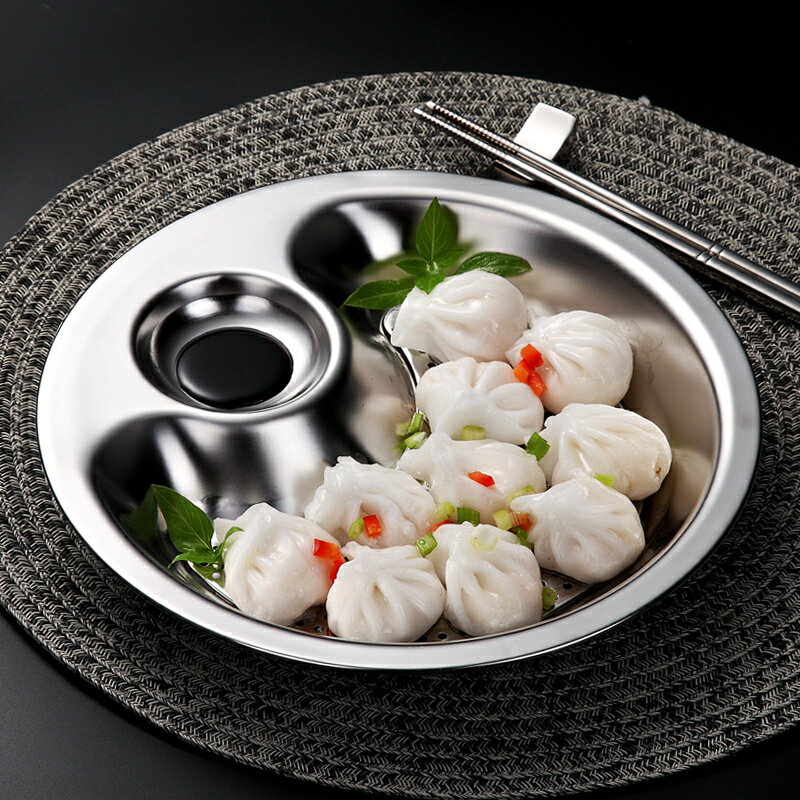 創意不銹鋼餃子盤帶醋碟瀝水菜盤家用魚盤子餐盤日式水餃盤雙層盤
