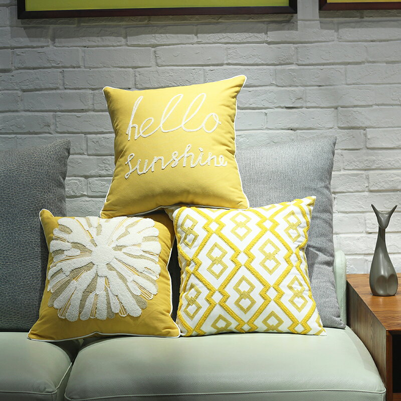 刺繡花床頭靠墊北歐風格簡約黃色全棉家居客廳沙發抱枕套靠枕
