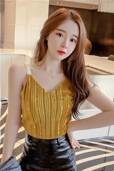 女士背心 洋氣小可愛 夏季韓版吊帶 閃亮純色背心 甜美性感V領上衣 露背百搭吊帶背心 女內搭無袖上衣【不二雜貨】