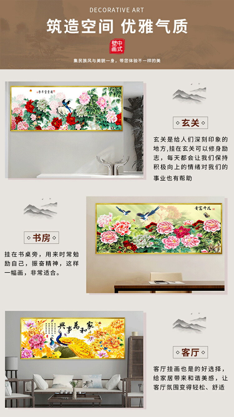 新中式花開富貴牡丹花國畫客廳沙發背景墻貼臥室床頭裝飾壁畫自黏全館免