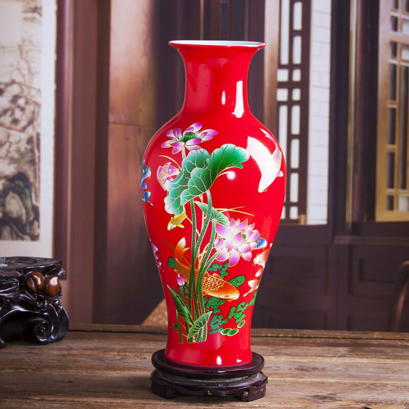 景德鎮陶瓷花瓶插花器中式家居客廳電視柜裝飾品中國紅水培小擺件