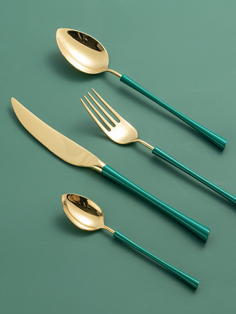 墨色 北歐風304牛排刀叉勺三件套裝家用高檔西餐餐具創意叉子勺子