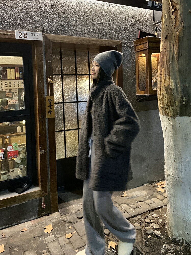 2024秋冬季慵懶感皮草中長款立領皮毛一體羊羔毛絨環保毛毛外套女【雲木雜貨】
