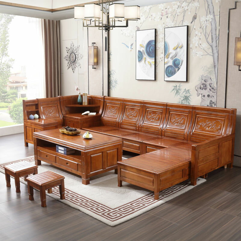 實木沙發組合香樟木沙發多功能轉角儲物貴妃新中式仿古客廳家具