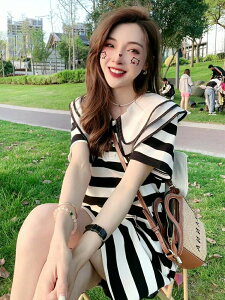2022年夏季新款韓風chic洋氣t恤裙子女甜美減齡娃娃領條紋連衣裙
