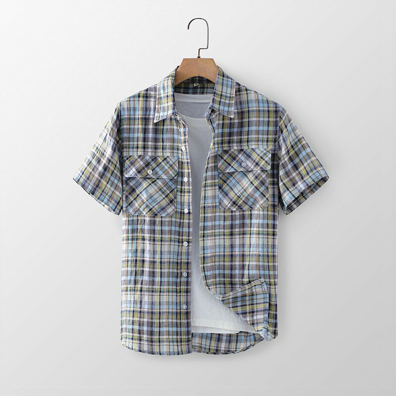 現貨+預購 亞麻襯衫短袖上衣-格子簡約寬鬆輕透男上衣6色74ev18【獨家進口】【米蘭精品】