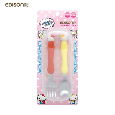 日本原裝 EDISON mama 嬰幼兒 學習餐具組 (叉子+湯匙/附專用收納盒/Hello Kitty)
