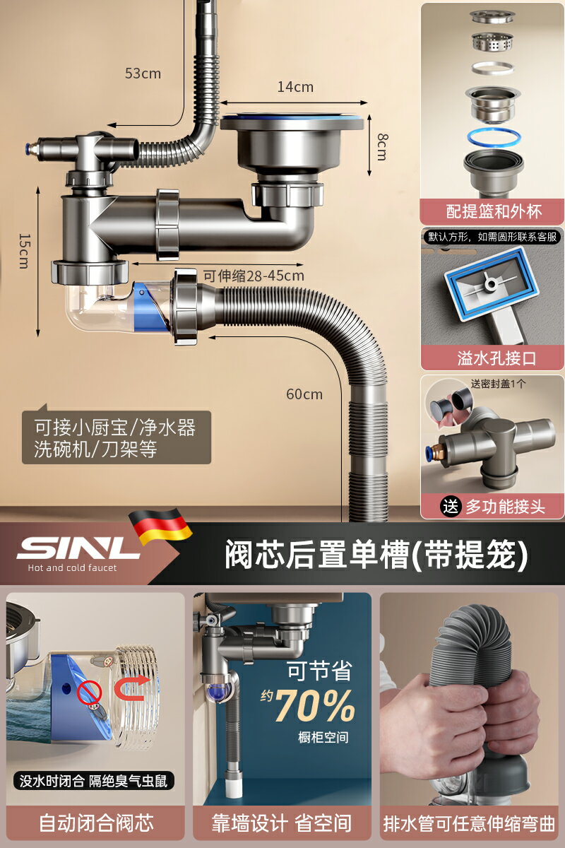 水槽排水管 水槽下水器 洗臉盆下水管 廚房洗菜盆下水管配件水槽單雙槽排水管三通頭洗碗池套裝防臭通用【MJ24843】