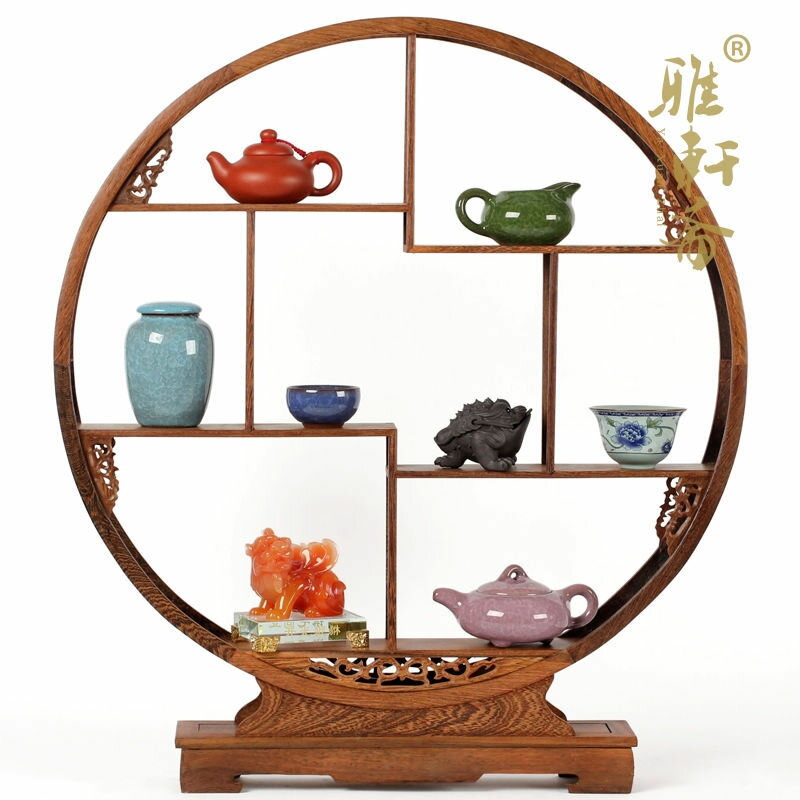 實木中式雞翅木小展示架擺件架子 紅木圓型博古架隔斷置物架60cm