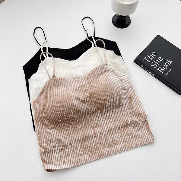 ANNAS 韓國高級感 帶胸墊金絲絨背心 細肩帶小可愛 絨布 金屬感 閃亮 性感 胸墊 罩杯 爆乳 3