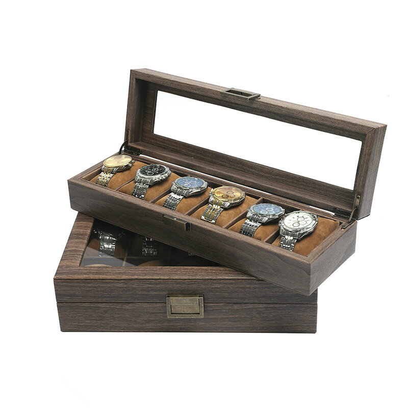 手錶收納盒 復古木紋皮手表收納盒防塵玻璃蓋手表盒腕表收藏盒手錬手表盒子【HZ61618】
