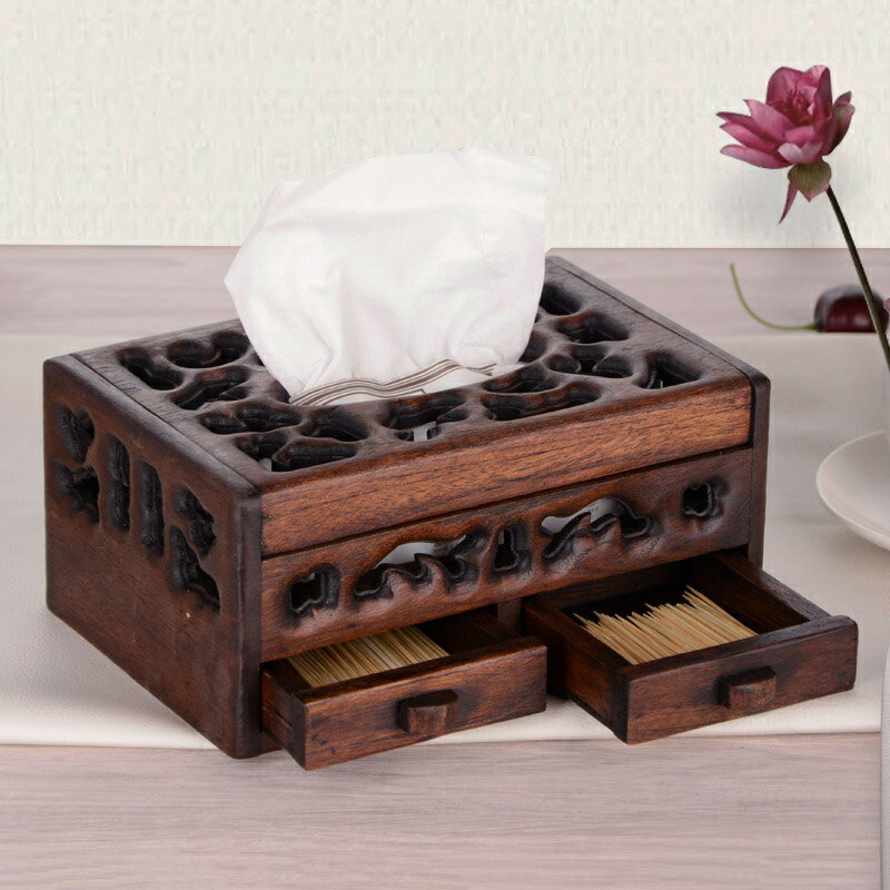 紙巾盒木復古實木紙抽盒創意木制多功能客廳茶幾抽紙盒柚木收納盒1入
