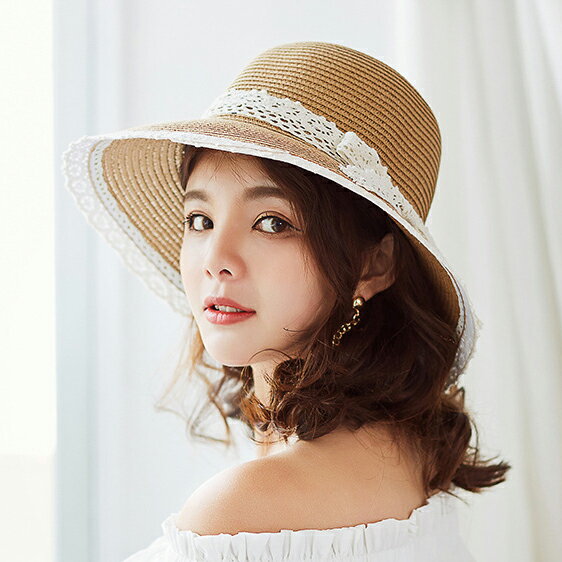 韓國甜美風蕾絲蝴蝶結夏日防曬沙灘帽可折疊草帽女士大沿遮陽帽子1入