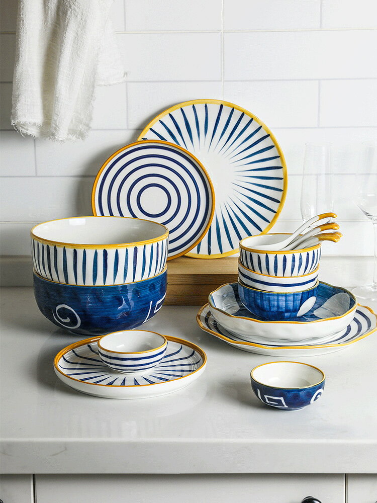 藍染 手繪陶瓷餐具 日式創意家用米飯碗大湯碗面碗淺盤菜盤子